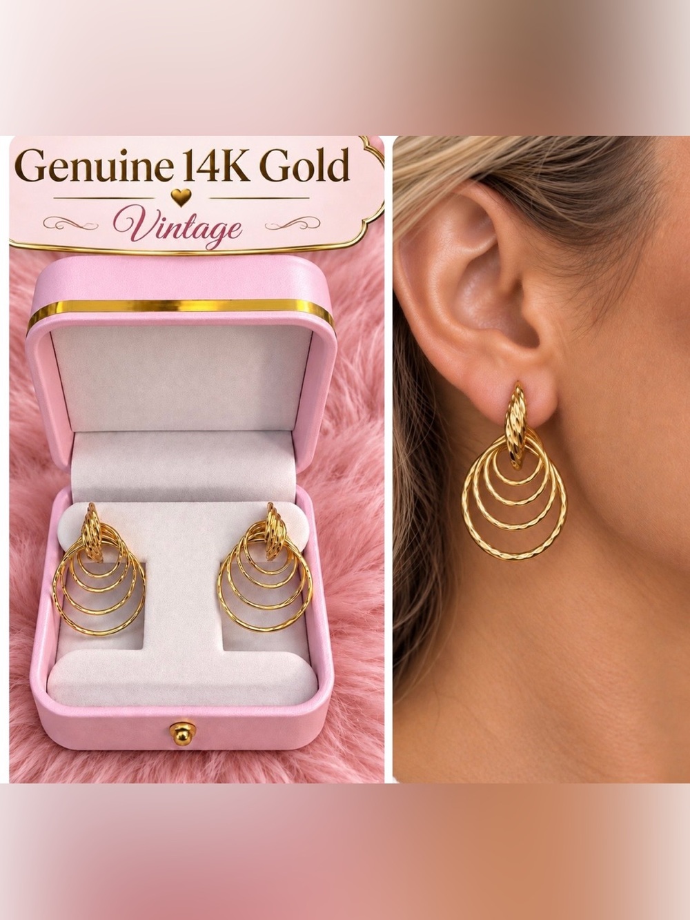 14K Gold Vintage Graduated Multi Hoop Diamond Cut Post Earrings